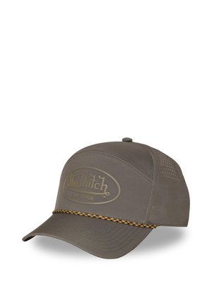 Casquette de baseball Von Dutch gris foncé avec une visière courbée, des panneaux latéraux perforés et une corde jaune-noir à motif à l’avant.