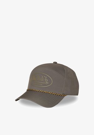 Casquette de baseball Von Dutch gris foncé avec une visière courbée, des panneaux latéraux perforés et une corde jaune-noir à motif à l’avant.