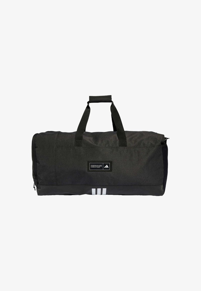 Black duffel bag with a textured fabric, featuring a zip closure, two carrying handles, and three white stripes on the front.
