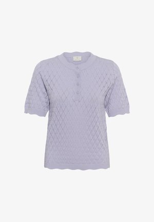 Vrtnarica krajši rokav iz pletenine v barvi sivke z diamantnim vzorcem, rebrastimi manšetami in robom ter štirimi gumbi na sprednji plošči.