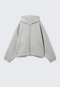 Grijze rits-hybride hoodie gemaakt van een zachte katoenmix, met een capuchon, kangoeroezakken en geribbelde mouwen. Ontspannen oversized pasvorm.