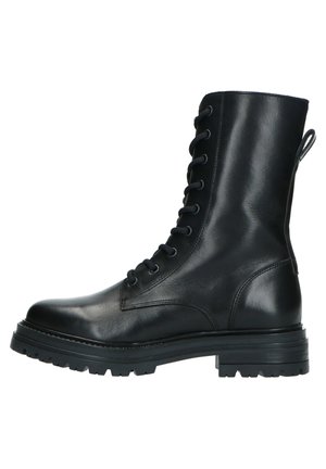 Schwarzer Leder-Stiefelette mit Schnürung vorne, rundem Zehenbereich und profilierter Sohle. Verfügt über eine Zuglasche hinten für einfaches An- und Ausziehen.
