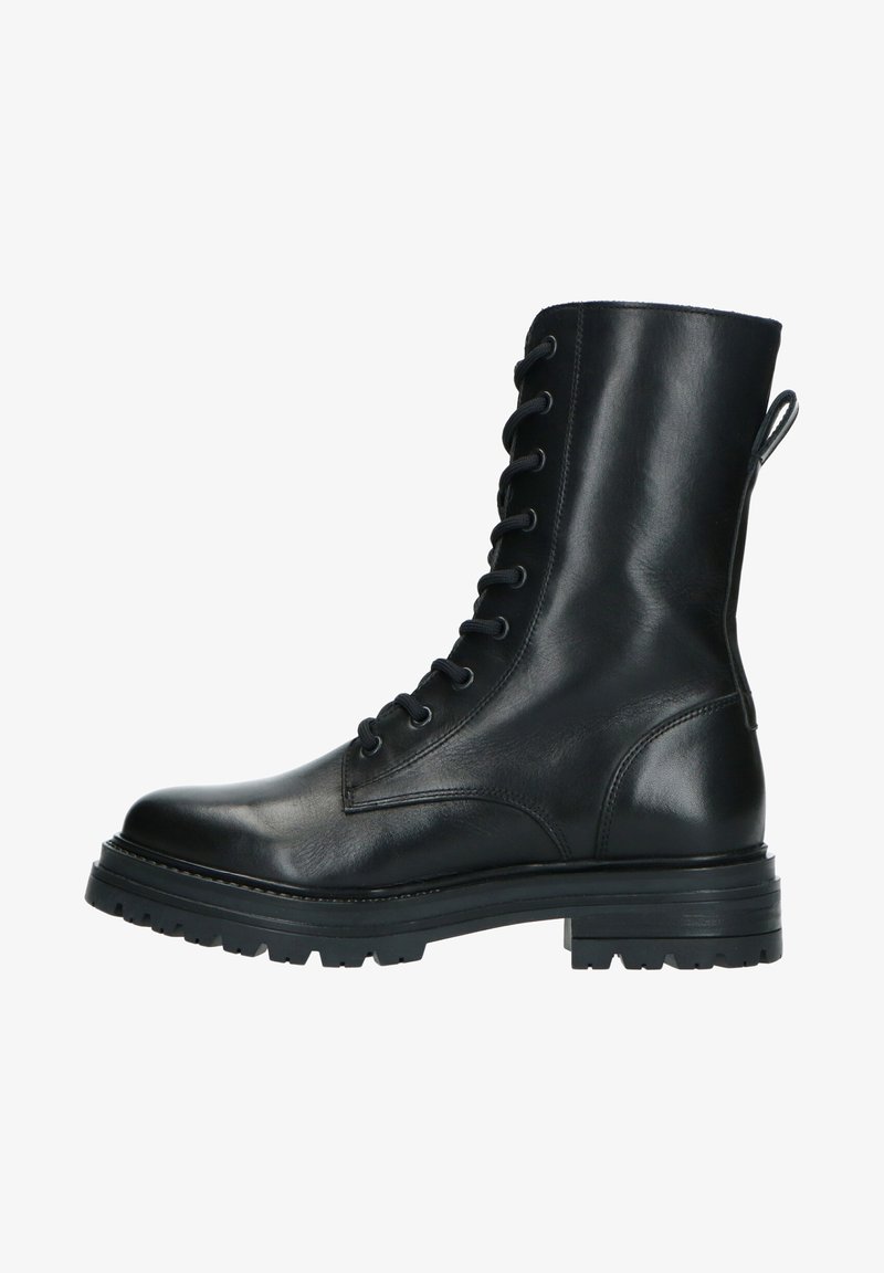 Bottine en cuir noir avec fermeture à lacets sur le devant, bout rond et semelle antidérapante. Comprend une languette à l'arrière pour faciliter le chaussage.