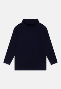 Chemise à col roulé bleu marine à manches longues en tissu doux. Présente un col roulé, un design simple et des poignets finis. Sans motifs ni accents.