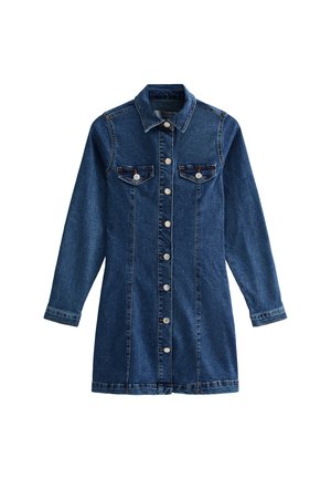 Denim jurk met een kraag, lange mouwen, een sluiting met knopen aan de voorkant en twee borstzakken. Donkerblauwe stof met een soepele textuur en stikdetails.
