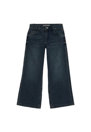 Jean bleu foncé à jambes larges avec poches avant et fermeture par bouton, étiqueté Blue Ridge à l'intérieur de la ceinture.