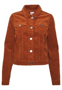 Roodbruine corduroy jas met een knoopsluiting aan de voorkant, twee borstzakken met knopen en een klassieke kraag.