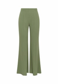 Pantaloni svasati verde oliva realizzati in tessuto liscio e elasticizzato con vita alta e dettagli a cuciture verticali sul davanti.
