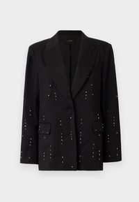 Blazer nero con chiusura a un bottone, due tasche frontali e decorazioni metalliche sparse. Tessuto liscio con una vestibilità strutturata.
