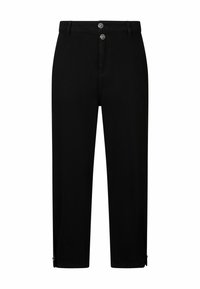 Pantalon noir à jambe droite avec taille haute, fermeture à double bouton, passants pour ceinture et petites fermetures éclair aux ourlets des chevilles.