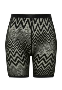 Zwart en zilveren shorts met een zigzagpatroon, gemaakt van meshstof met een soepele tailleband. Het ontwerp heeft een aansluitende silhoet.