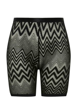 Schwarz-silberne Shorts mit einem Zickzackmuster, aus Mesh-Gewebe gefertigt und mit einem glatten Bund. Das Design hat eine figurnahe Silhouette.