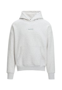 Lys grå hoodie lavet af blødt stof med en frontlomme. Har en hætte med snoretræk og lille "CASPARA" tekst på brystet.