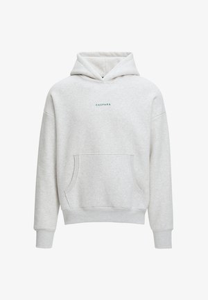 Lys grå hettegenser laget av myk stoff med en frontlomme. Har en hette med snor og liten "CASPARA" tekst på brystet.