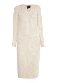 Beige gebreid jurk met lange mouwen, V-hals, geribbelde structuur, met diamantpatronen langs de lengte. Middenkalf lengte.