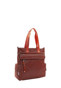Red textured tote bag with dual shoulder straps, front zip pocket, side pockets, and metal zipper pulls, shown on white background.