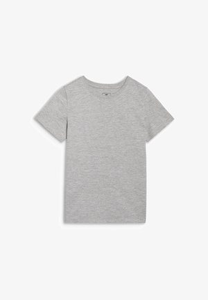 Prosty jasnoszary t-shirt z krótkim rękawem i okrągłym dekoltem, rozłożony na płasko na białym tle.