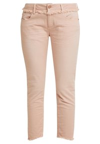Ljust rosa slim-fit jeans med fransade kanter vid midjan och fållen, framfickor, knapp och dragkedjestängning.