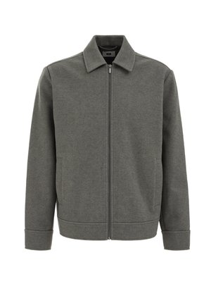 Veste zippée grise à manches longues, avec poches avant et col classique, présentée sur un fond blanc.
