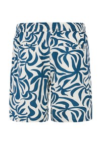 Blauwe en witte zwembroek met een elastische tailleband, voorzien van een bladerig patroon en achterzakdetails.