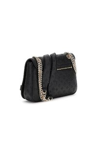 Borsa a mano in pelle nera con motivo impresso, tracolla in catena argentata, tasca con cerniera, forma strutturata e superficie liscia. Design compatto.