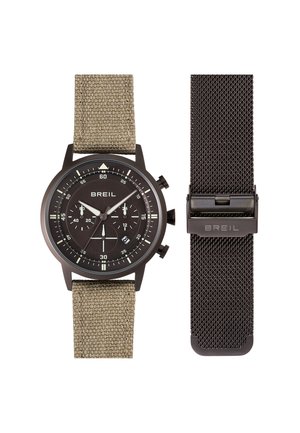 BREIL kronografur med sort urskive og beige strop i stof, plus en ekstra sort metal mesh-strop med lås.