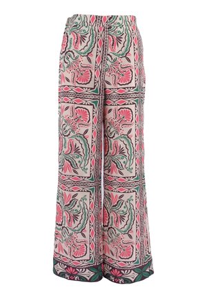 Pantalon à jambes larges avec motifs floraux et géométriques roses, verts et noirs sur un fond beige clair.