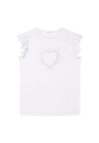 T-shirt bianco in cotone con maniche arricciate, un design centrale a forma di cuore e decorazioni a pois attorno al cuore.