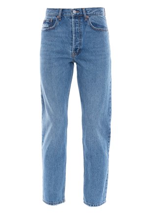 Ljusblå denimjeans med hög midja, rakt ben design och klassisk femficksstil. Avslutade med synlig sömnad och knappstängning.