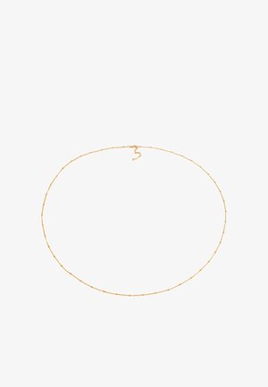 Gold-tone metal necklace featuring a delicate beaded design with small, evenly spaced round accents. Adjustable clasp for sizing.