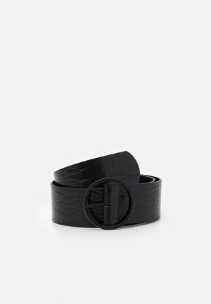 Black faux crocodile leather belt with wide strap and round textured buckle, rolled up on a plain white background.