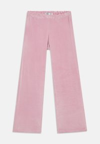 Pink corduroy brede benbukser med elastisk talje, der har lodret ribbet tekstur og rene sømme. Ingen lommer eller yderligere detaljer.