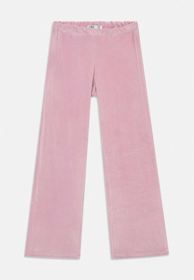 Pink corduroy brede benbukser med elastisk talje, der har lodret ribbet tekstur og rene sømme. Ingen lommer eller yderligere detaljer.