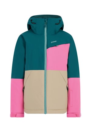 Kleurgeblokte jas met teal, roze en beige panelen. Gemaakt van duurzaam stof met een capuchon en verstelbare manchetten. Ritssluiting aan de voorkant.