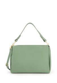 Grüne Lederhandtasche mit einer genarbten Oberfläche, verstellbarem Trageriemen und goldfarbenen Beschlägen. Rechteckige Form mit einem Reißverschluss.