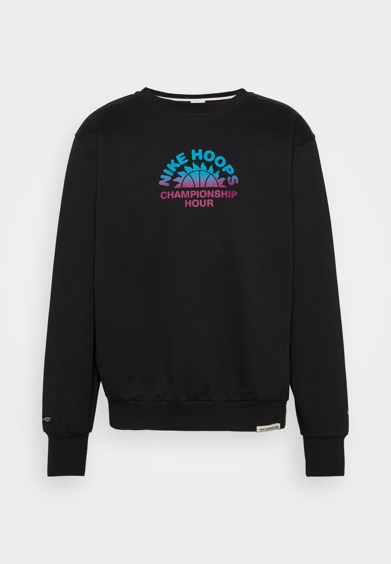 Sweat-shirt noir à manches longues avec texte "Nike Hoops Championship Hour" en bleu et violet et un graphisme de basket-ball stylisé sur la poitrine.