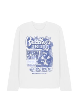 White long-sleeve shirt with a blue graphic print featuring the text "Bradley's Big Buy" and images of a person and pricing details.
