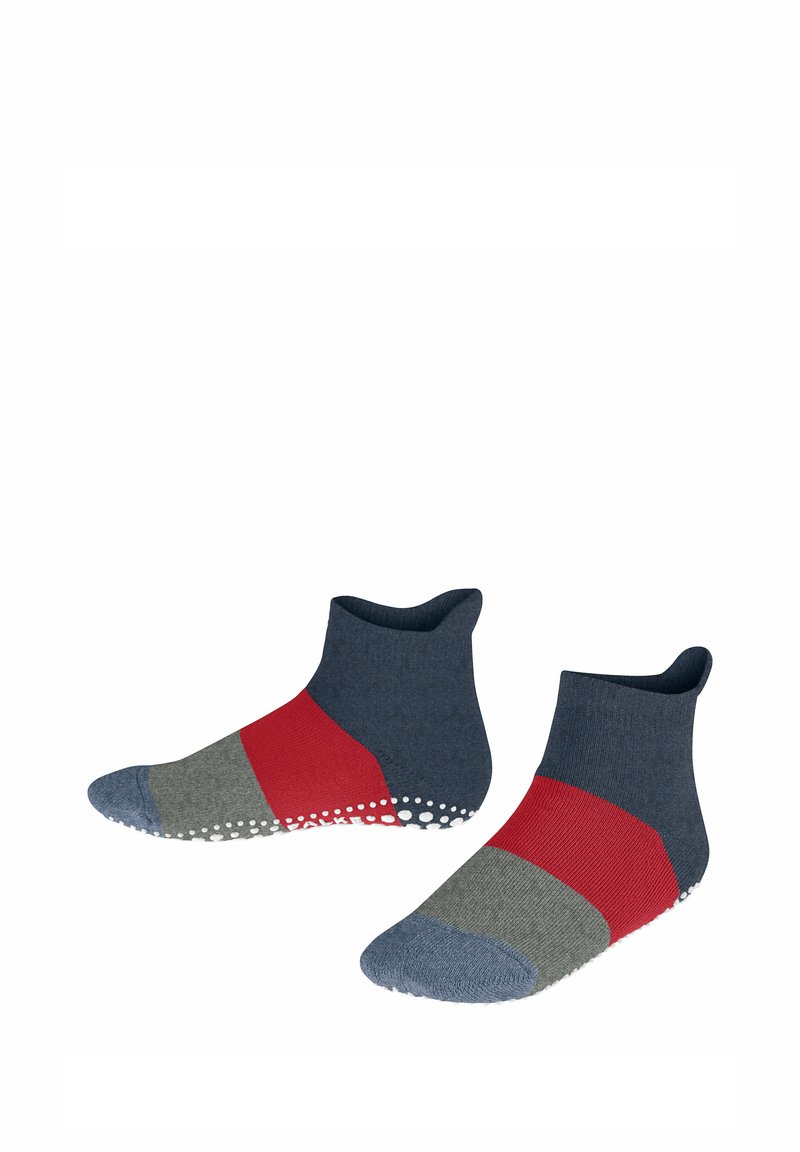 Chaussettes à cheville en mélange de coton avec une partie supérieure bleu marine, des sections rayées rouges et grises, et des points blancs antidérapants sur la semelle pour une meilleure adhérence.
