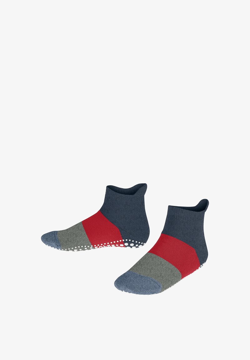 Chaussettes à cheville en mélange de coton avec une partie supérieure bleu marine, des sections rayées rouges et grises, et des points blancs antidérapants sur la semelle pour une meilleure adhérence.