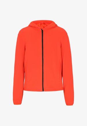 Rode ritssluiting hoodie gemaakt van lichtgewicht materiaal met een gladde textuur. Voorzien van een zwarte ritssluiting en zijzakken.