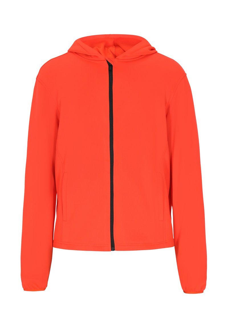 Rote Kapuzenjacke mit Reißverschluss aus leichtem Material mit glatter Textur. Verfügt über einen schwarzen Reißverschluss und seitliche Taschen.