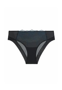 Black mesh brief with a scalloped lace waistband featuring blue embroidery. Smooth texture with a modern cut and sheer back panels.