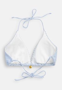 Haut de bikini triangle blanc avec des rayures bleu clair sur les bords et des liens, avec un petit charm rond doré au centre devant.