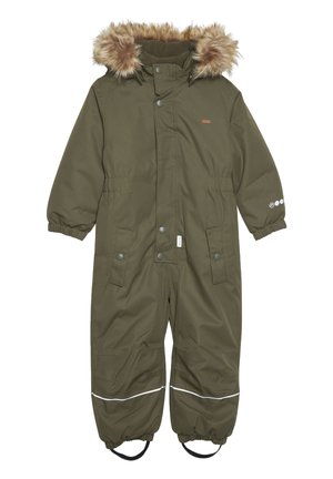 Olivgrüner Schneeanzug mit einer Kapuze aus Kunstfell, Druckknopf- und Reißverschluss, elastischen Bündchen, zwei seitlichen Taschen und reflektierenden Besätzen an den Knöcheln.