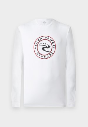 Λευκό μακρυμάνικο πουκάμισο με στρογγυλό λογότυπο στο κέντρο που απεικονίζει ένα κύμα, τα νησιά Χαβάη, και το κείμενο "Aloha Hawaii Ripcurl."