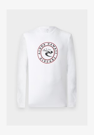 Camisa blanca de manga larga con un logo redondo en el centro que presenta una ola, las islas hawaianas y el texto "Aloha Hawaii Ripcurl".