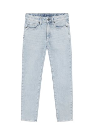 Hellblaue Jeans aus Denim mit hoher Taille, Knopf- und Reißverschluss, vorderen und hinteren Taschen sowie geradem Bein.