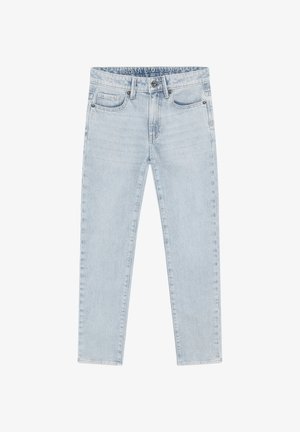Jean en denim bleu clair à taille haute, avec fermeture à boutons et zip, poches avant et arrière, et coupe droite.