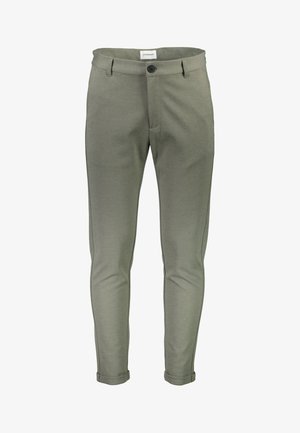 Grüne, schmal zulaufende Hose aus weichem Stoff, mit Knopfverschluss, Gürtelschlaufen und umgeschlagenen Säumen für einen maßgeschneiderten Look.