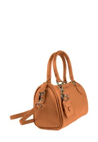 Ledertasche in Orange, abgerundete Form, mit doppelten Griffen und verstellbarem Riemen. Verfügt über silberne Beschläge und strukturierte Oberfläche.